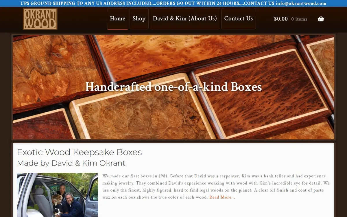The Okrant Wood shop: rich figured-wood keepsake boxes beneath the headline “Handcrafted one-of-a-kind Boxes.”